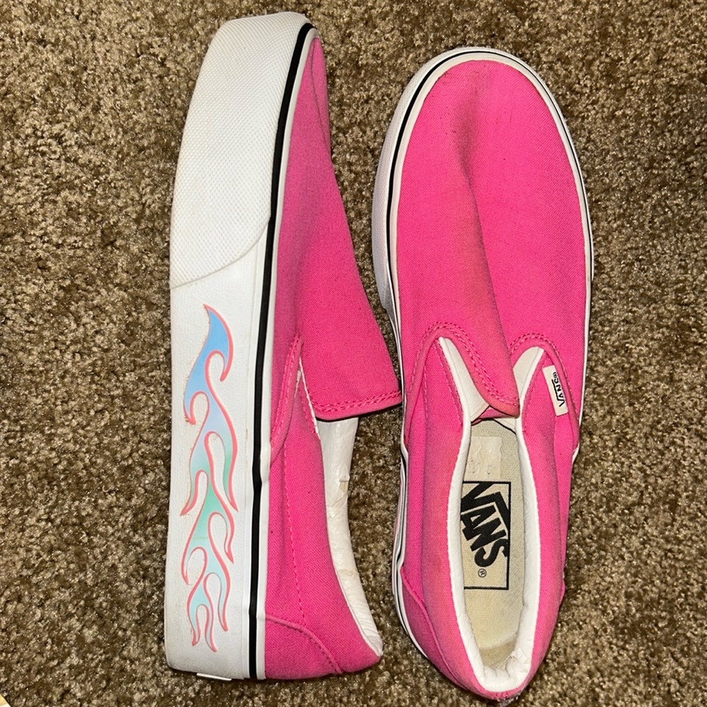 Neon pink flame slip on vans
